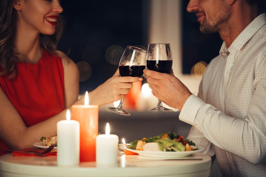 A couple having Salmon Valentine’s Dinner