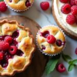 Raspberry pie, muffins, and cheesecake arranged with fresh raspberries on a rustic table