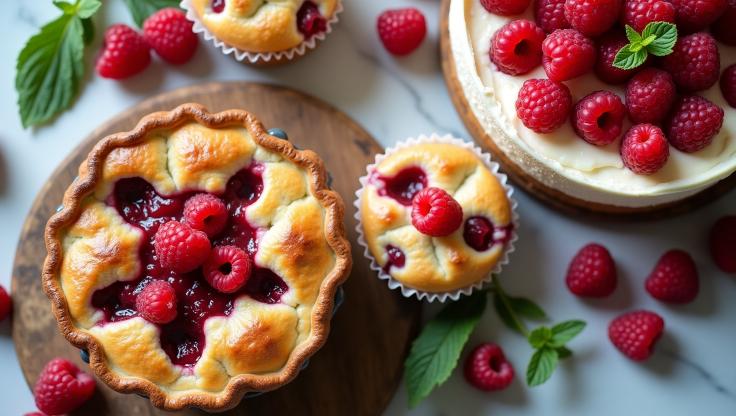 Raspberry pie, muffins, and cheesecake arranged with fresh raspberries on a rustic table
