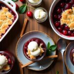A variety of cherry cobbler recipes displayed on a rustic wooden table, including classic, mini jar, oat crumble, chocolate, gluten-free, and cake mix versions.