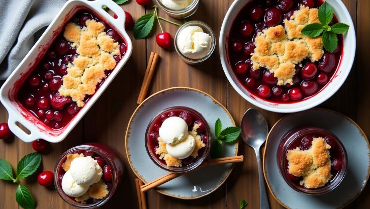 A variety of cherry cobbler recipes displayed on a rustic wooden table, including classic, mini jar, oat crumble, chocolate, gluten-free, and cake mix versions.