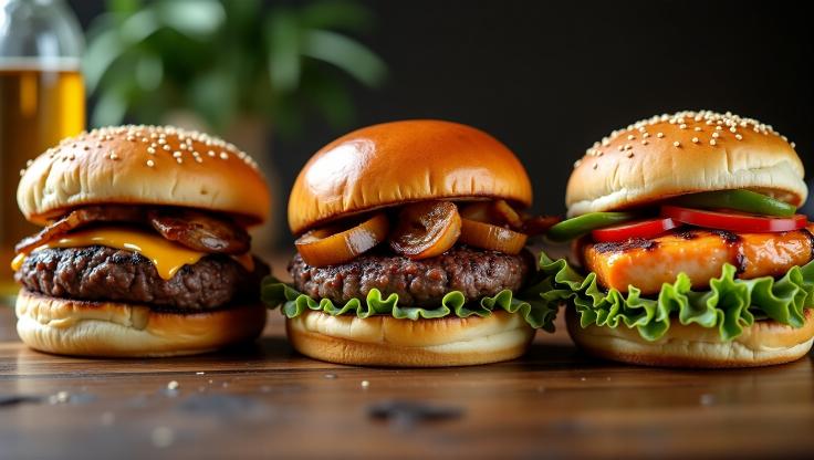 A variety of gourmet burgers including beef, venison, and salmon burgers on a rustic wooden table.
