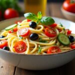 Vibrant spaghetti salad recipe with cherry tomatoes, bell peppers, cucumbers, black olives, and basil in a white ceramic bowl on a wooden table.