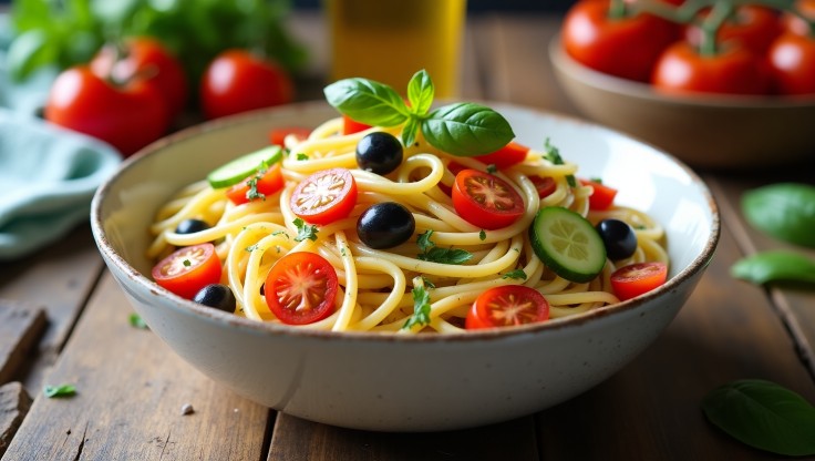 Vibrant spaghetti salad recipe with cherry tomatoes, bell peppers, cucumbers, black olives, and basil in a white ceramic bowl on a wooden table.