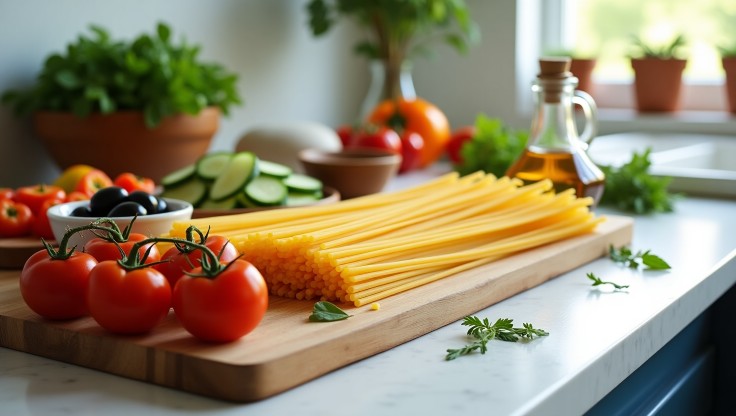 Fresh spaghetti salad recipe ingredients arranged on a wooden cutting board including uncooked spaghetti, cherry tomatoes, bell peppers, cucumbers, black olives, olive oil, and Italian herbs.