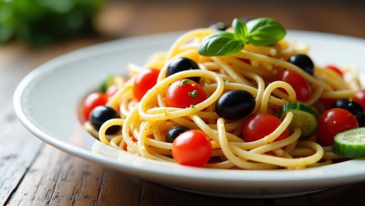 Close-up of a chilled spaghetti salad in a white bowl featuring cherry tomatoes, bell peppers, cucumbers, black olives, and fresh basil garnish.
