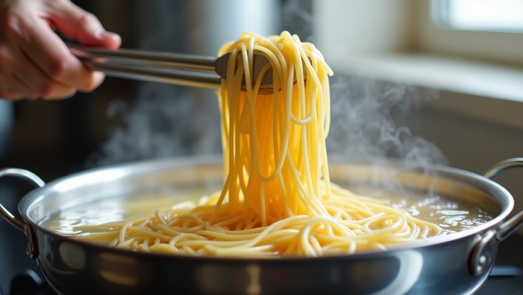Close-up of al dente spaghetti noodles being lifted from a pot of boiling water on a stovetop.