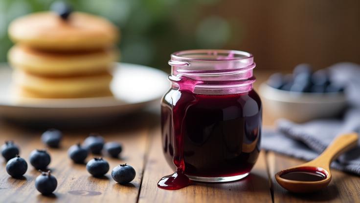 Homemade blueberry syrup recipe in a glass jar on a rustic wooden table, fresh blueberries scattered around, showcasing a delicious and natural breakfast topping.