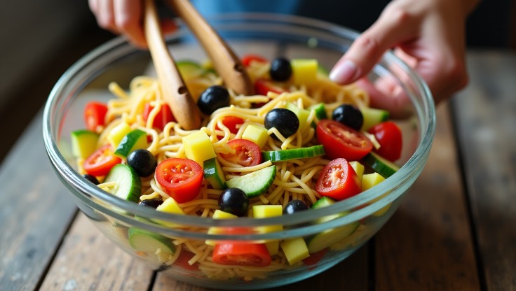 Hand tossing a colorful spaghetti salad recipe with chopped vegetables and black olives in a glass bowl using wooden salad tongs.
