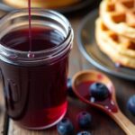 Top-down view of a glass jar filled with homemade blueberry syrup, surrounded by fresh blueberries on a rustic wooden table.