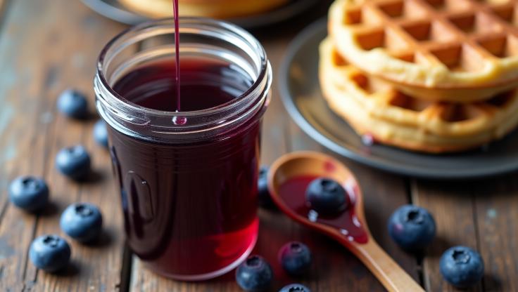 Top-down view of a glass jar filled with homemade blueberry syrup, surrounded by fresh blueberries on a rustic wooden table.