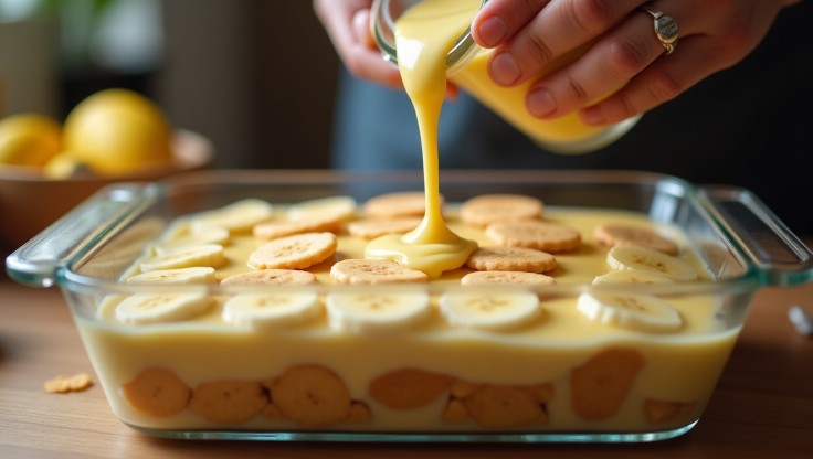 Hands layering banana pudding with vanilla wafers, sliced bananas, and custard in a glass baking dish during the preparation process.