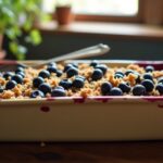 Homemade blueberry rustic crumble recipe with oats served in a baking dish topped with golden crunchy oat crumble.