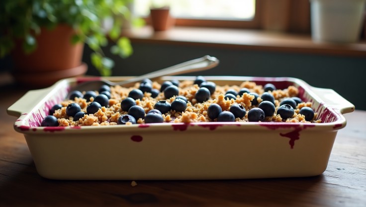 Homemade blueberry rustic crumble recipe with oats served in a baking dish topped with golden crunchy oat crumble.
