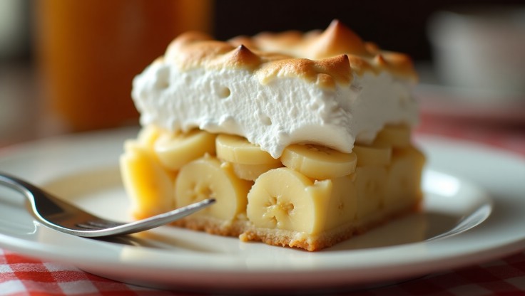Slice of old-fashioned banana pudding with vanilla custard, bananas, wafers, and toasted meringue, served on a white plate with vintage fork.