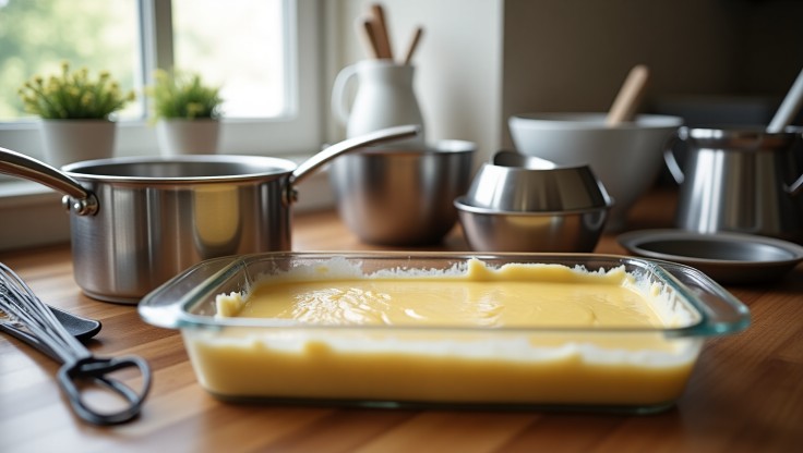 Kitchen equipment for making banana pudding, including saucepan, whisk, mixing bowls, spatula, knife, and glass baking dish on a wooden counter.