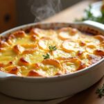 Golden-brown scalloped potatoes casserole with melted cheese in a rustic ceramic dish, fresh thyme garnish, on wooden table, creamy and delicious scalloped potatoes recipe