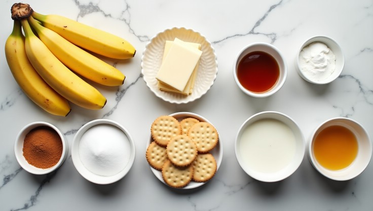 Flat lay of fresh ingredients for banana pudding, including bananas, vanilla wafers, cream, sugar, eggs, milk, and spices, arranged on a marble surface.