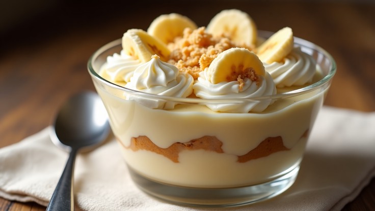 Homemade banana pudding recipe layered with vanilla wafers, ripe bananas, creamy pudding, and whipped cream, served in a glass dish on a rustic table.