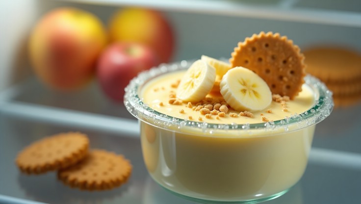 Banana pudding stored in a glass airtight container in the refrigerator, topped with fresh banana slices and wafer crumbs.