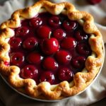 Fresh homemade cherry pie with glossy red cherry filling and golden flaky crust on a rustic wooden table.