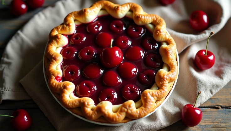 Fresh homemade cherry pie with glossy red cherry filling and golden flaky crust on a rustic wooden table.