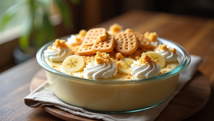Homemade banana pudding in a large serving dish with layers of pudding, bananas, and vanilla wafers, topped with whipped cream and wafer crumbs.